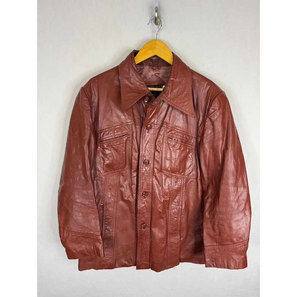 Vintage 70s HBC Baymark  Brown Leather Jacket Pointed Collar 70s Men 44